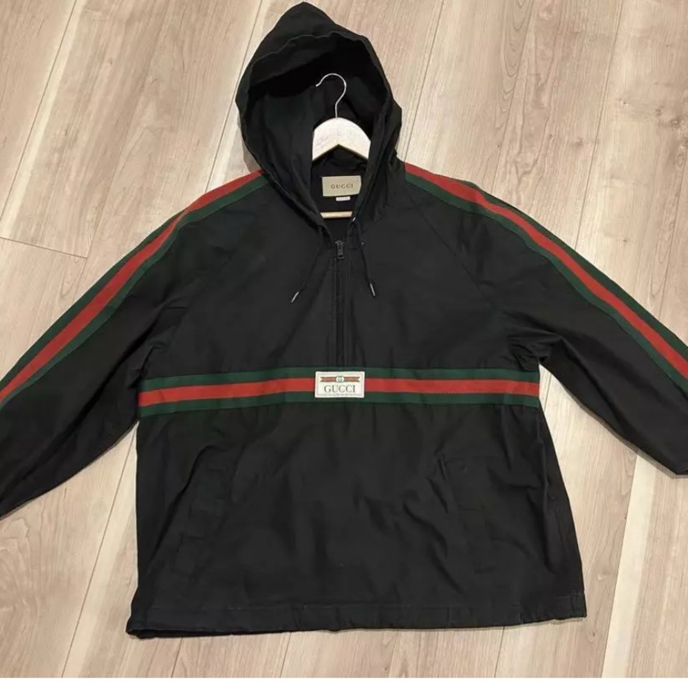 Gucci Black Hooded Jacket with Red and Green Stripes